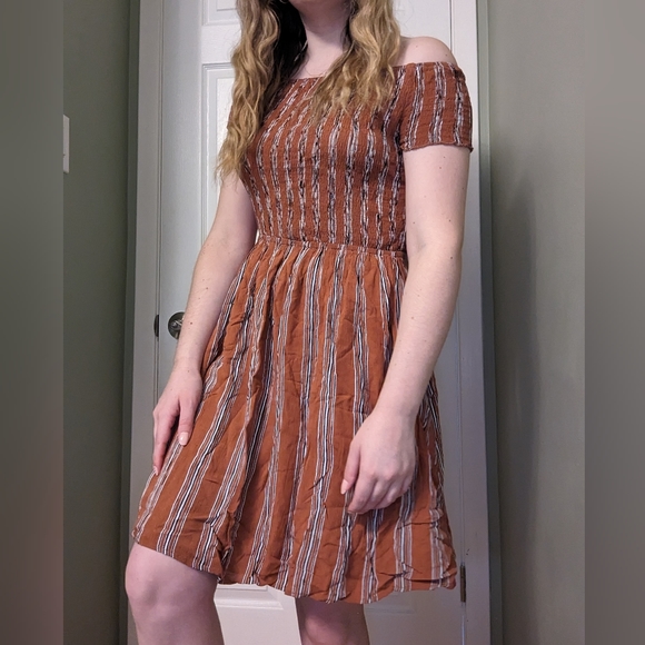 Mei Smocked Off the Shoulder Dress | Burnt Orange with Black & White Stripes - Picture 6 of 9